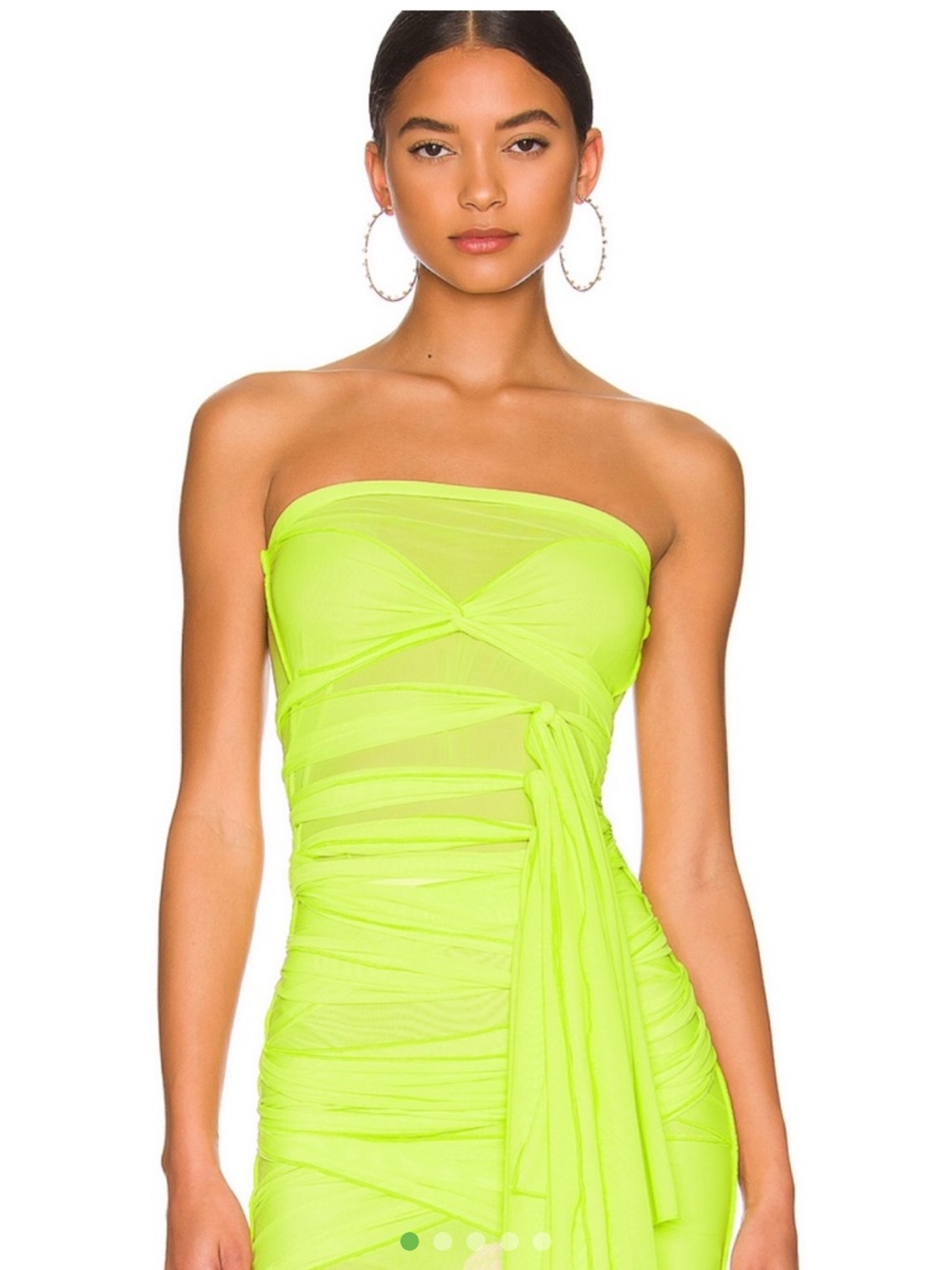 Strapless Neon Green Ruched Mesh Party Top